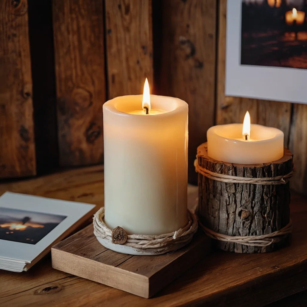 Фотореалистичное изображение мягко светящейся свечи в деревенском подсвечнике, стоящей на деревянном столе. Вокруг разбросаны отпечатанные фотографии. Атмосфера тепла, уюта и интимности, создаваемая мерцающим пламенем, ритуал спокойного вечера.