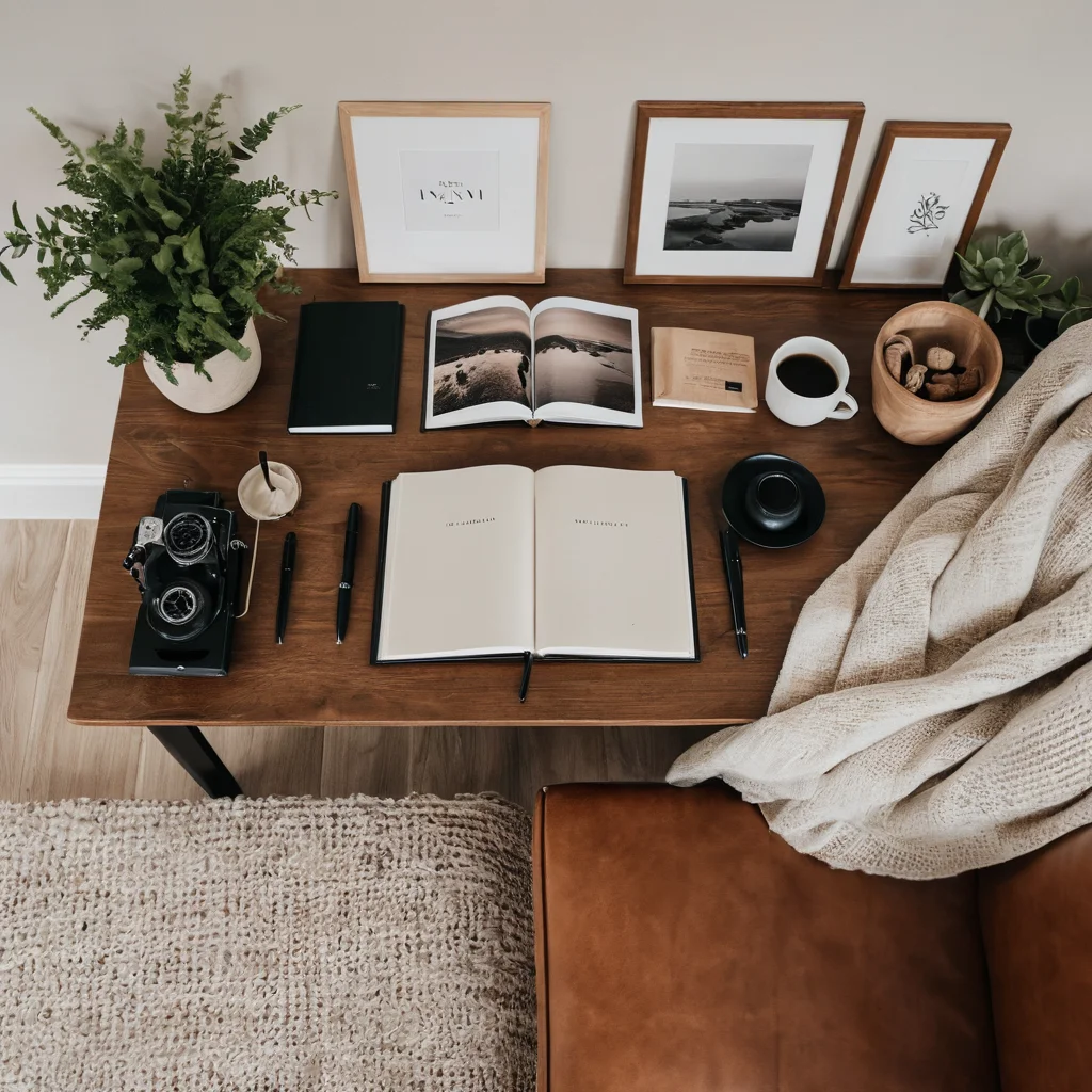 Вид сверху на выбор современных фотоальбомов разных текстур (кожа, лен) с чистым минималистичным дизайном. Альбомы расположены на полках в нейтральной цветовой палитре, демонстрируя эстетичную курацию и качественные материалы для сохранения теплых воспоминаний.