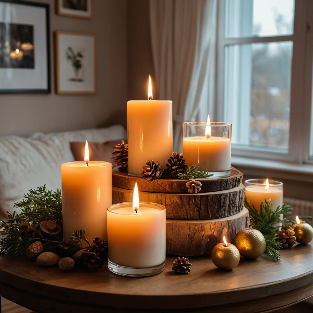 Фотореалистичная композиция из различных ароматических свечей разных размеров и цветов, с видимыми натуральными ингредиентами (соевый воск, эфирные масла). Свечи являются стильным элементом декора, создающим расслабляющую атмосферу при мягком освещении, акцент на безопасность и ароматы.