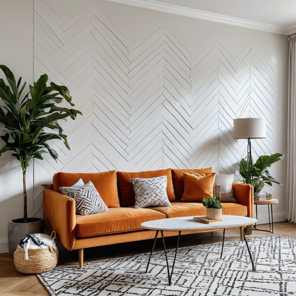 Современная гостиная с акцентной стеной, украшенной зигзагообразным узором, добавляющим энергии и уникальности пространству.