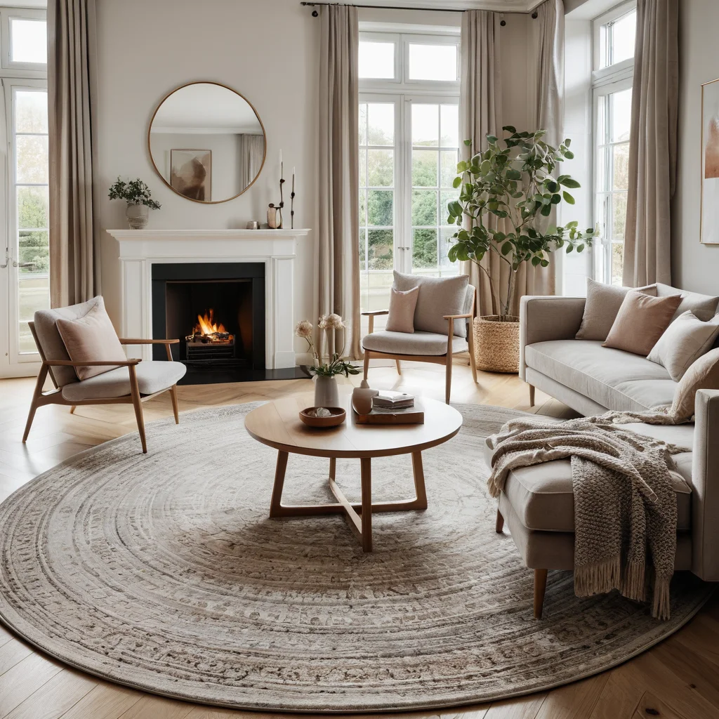 Интерьер гостиной с акцентом на круглые формы и плавные линии, создающие ощущение мягкости, гармонии и движения.