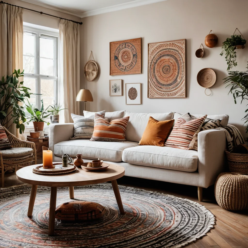 Эклектичный интерьер, демонстрирующий практическое применение геометрических узоров (полосок, кругов, зигзагов) в богемном стиле.