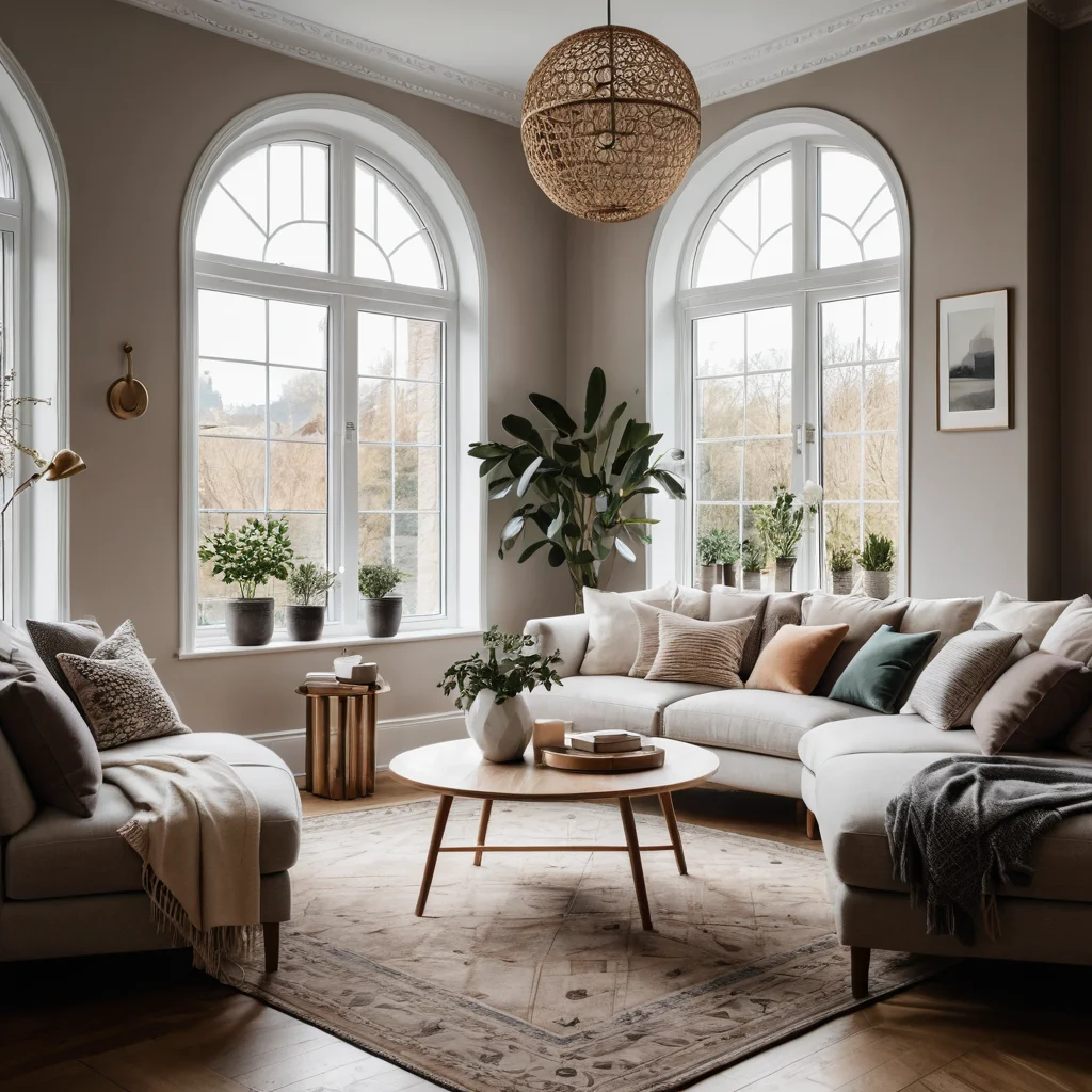 Сбалансированный интерьер с умеренным использованием геометрических элементов, избегающий перегруженности и создающий спокойную атмосферу.