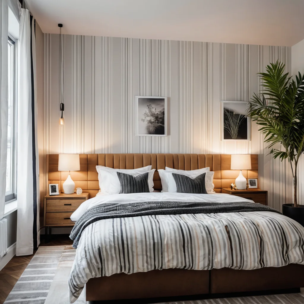 Спальня с акцентом на вертикальные полосы, создающие визуальный эффект удлинения пространства и добавляющие динамики интерьеру.