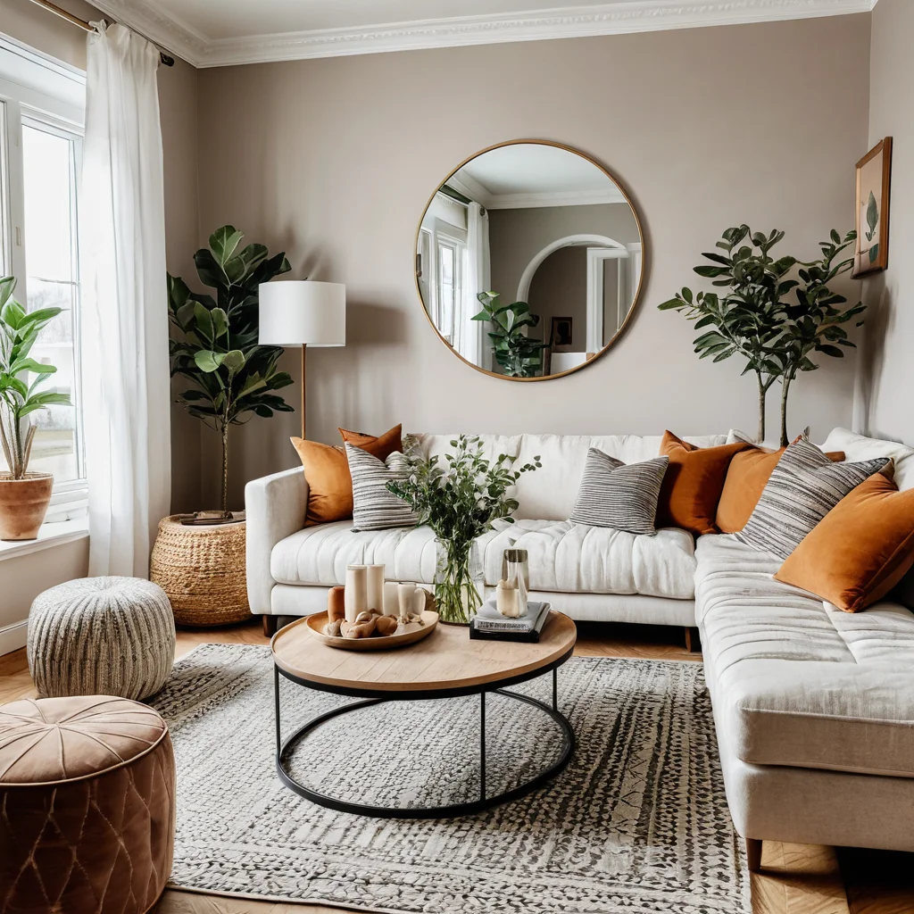 Уютная гостиная, демонстрирующая преображение дома с помощью тщательно подобранных геометрических узоров: полосок, кругов и зигзагов.