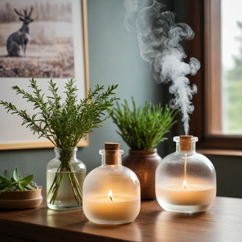 Диффузор эфирных масел, испускающий легкий пар, в уютном уголке с небольшими стеклянными флаконами и натуральными травами, создающий атмосферу ароматерапии для здорового дома.
