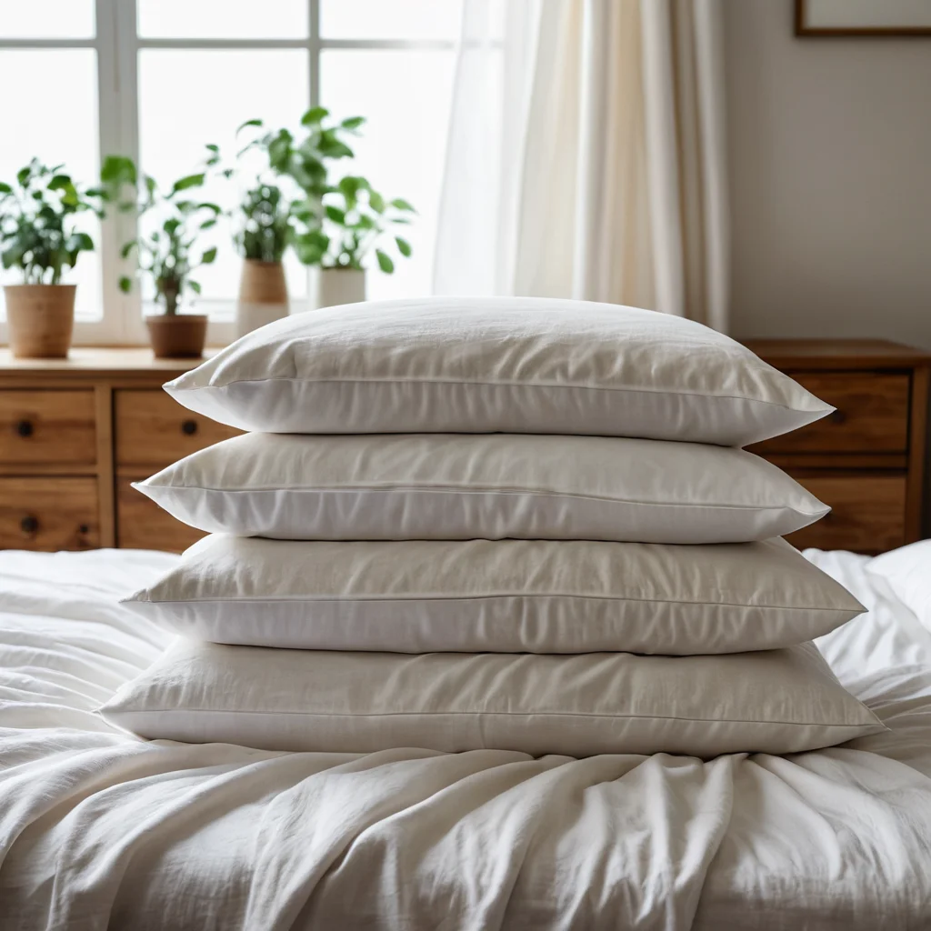 Аккуратно сложенные стопки органического постельного белья из хлопка и льна на фоне натуральной деревянной мебели, символизирующие безопасный выбор гипоаллергенных материалов для спальни.