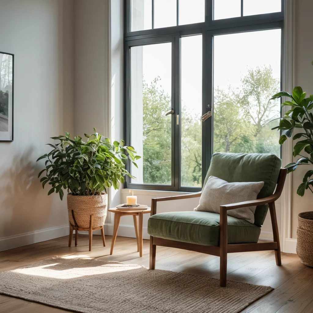 Просторная, светлая гостиная с солнечными лучами, падающими через большое окно, уютным креслом и небольшим зеленым растением, создающая атмосферу благополучия и чистоты воздуха.