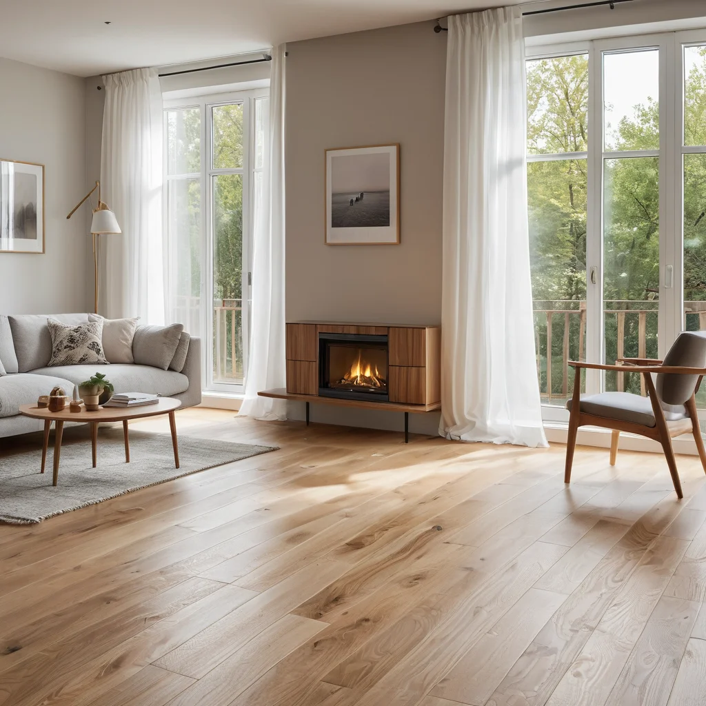 Чистый деревянный пол с едва заметной текстурой, плавно переходящий в стену, рядом с ненавязчиво расположенным очистителем воздуха, создающий образ 'дышащего' интерьера от пола до потолка.