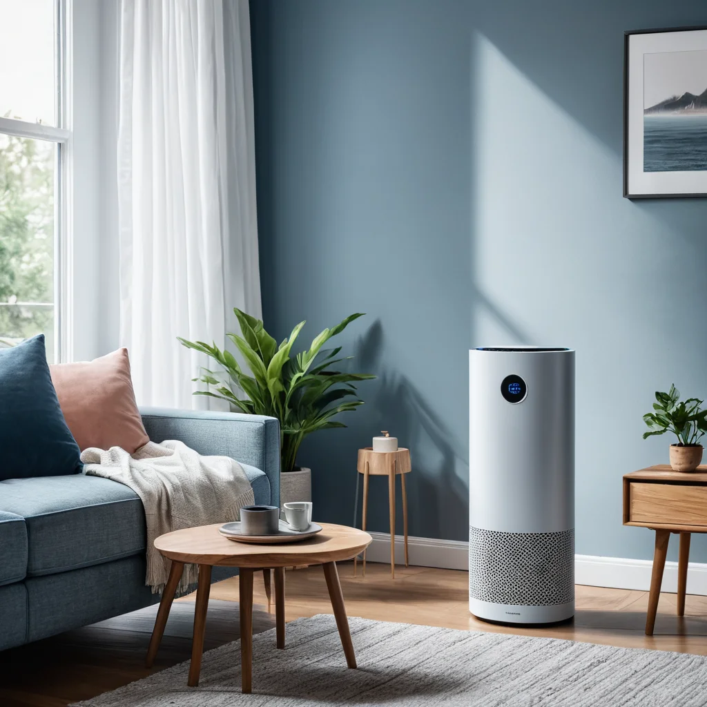 Современный, стильный очиститель воздуха с едва заметной синей подсветкой в гостиной, символизирующий умные технологии для поддержания здоровой атмосферы и чистоты в доме.