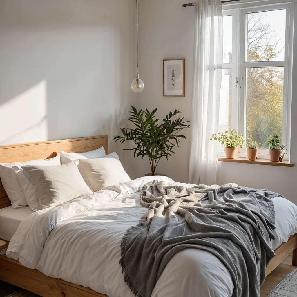 Безмятежная спальня, залитая мягким утренним светом, где человек мирно спит в гипоаллергенной кровати, символизирующая крепость здоровья и качество жизни, достигаемое благодаря гипоаллергенным решениям.