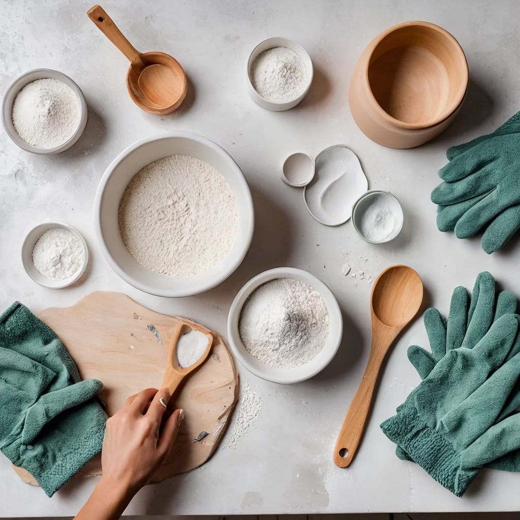 Набор для создания гипсового декора своими руками: формы, гипс, миски, инструменты, разложенные на рабочем столе при ярком освещении, фотореалистичное изображение.