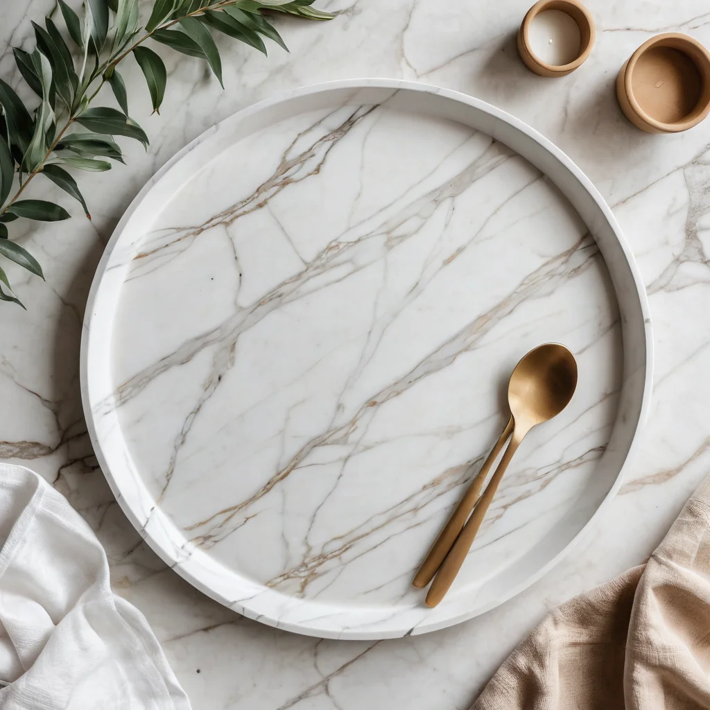 Трендовый гипсовый поднос ручной работы, демонстрирующий минималистичный современный декор для дома, снято при естественном освещении в уютном интерьере, фотореалистичное изображение.