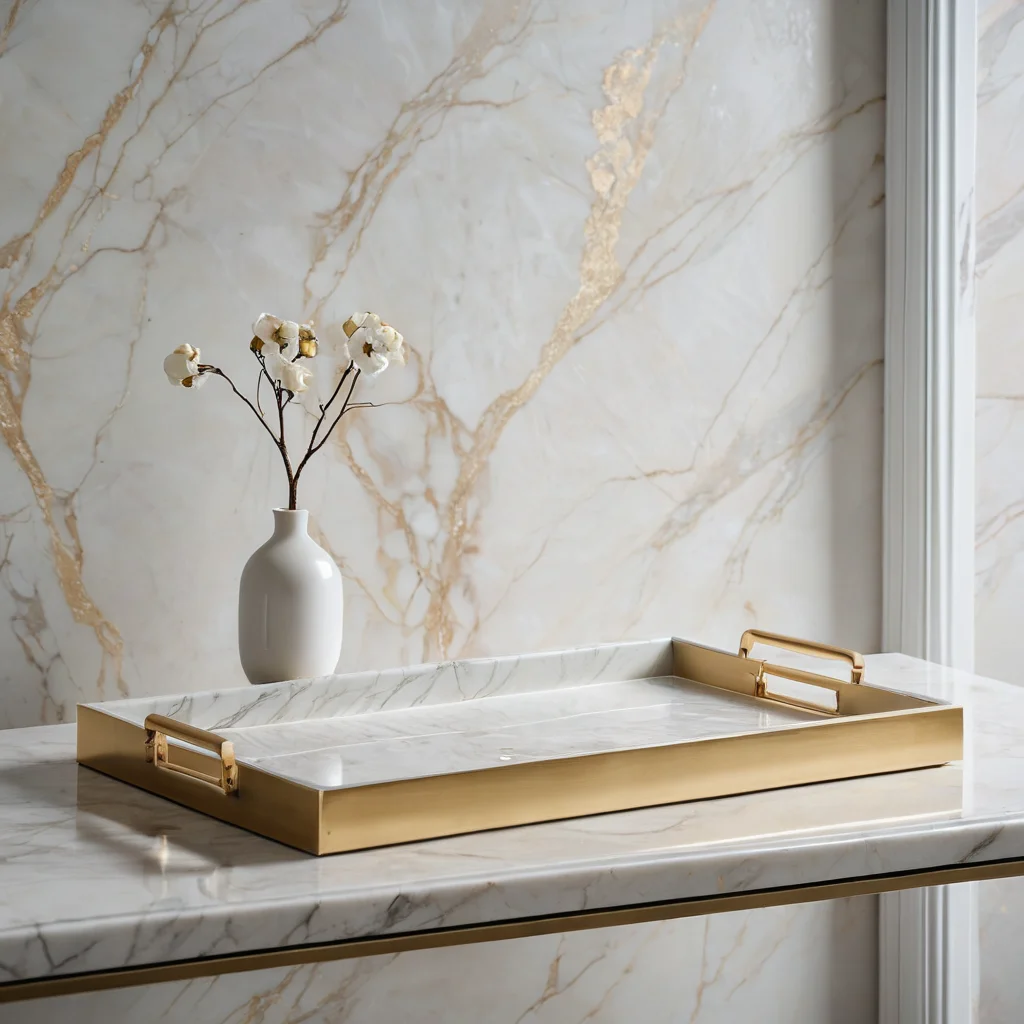 Идеально выполненный гипсовый поднос с эффектом дорогого мрамора и акцентами из сусального золота, стилизованный как элемент роскошного интерьера, фотореалистичное изображение.