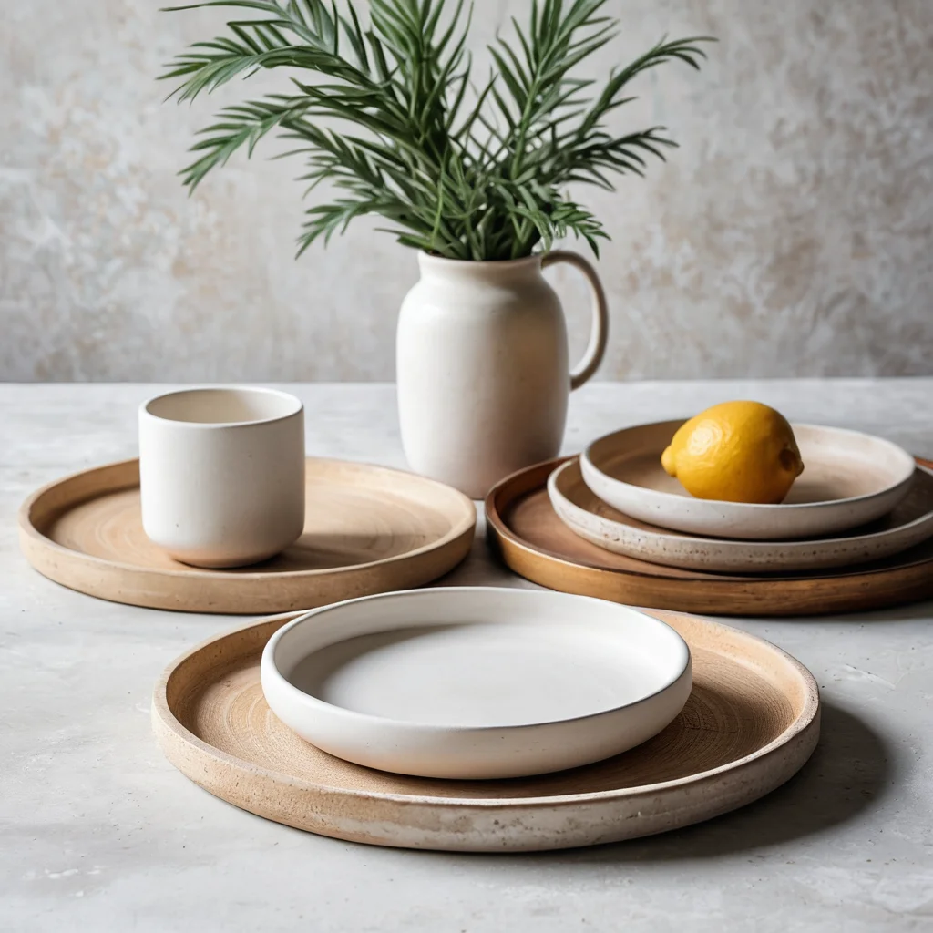 Коллекция гипсовых подносов разных форм и стилей, демонстрирующая вариативность использования в интерьерах – от скандинавского до бохо, фотореалистичное изображение.