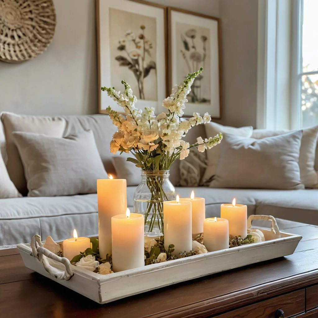 Уютная гостиная с гипсовым подносом в центре композиции, украшенным свечами и цветами, создающим атмосферу домашнего уюта и магии ручной работы, фотореалистичное изображение.