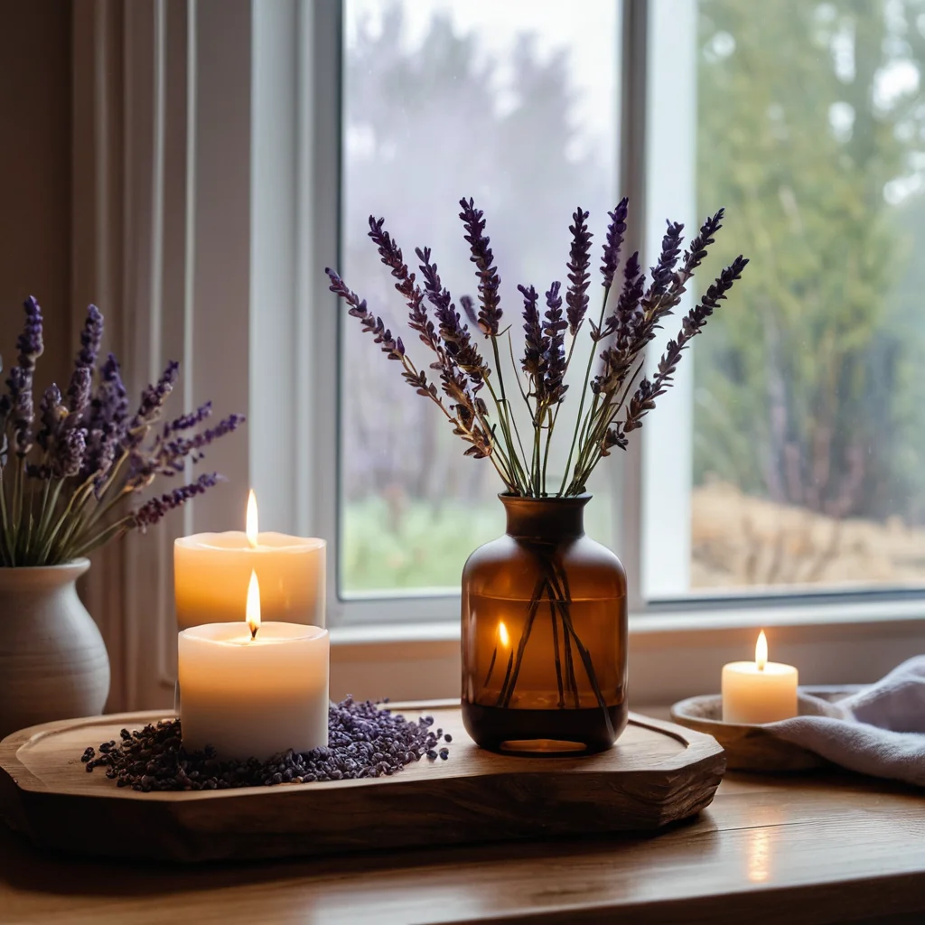 Умиротворяющая обстановка для ароматерапии с диффузором, выпускающим пар, зажженной свечой и сушеной лавандой, создающая оазис спокойствия в доме.