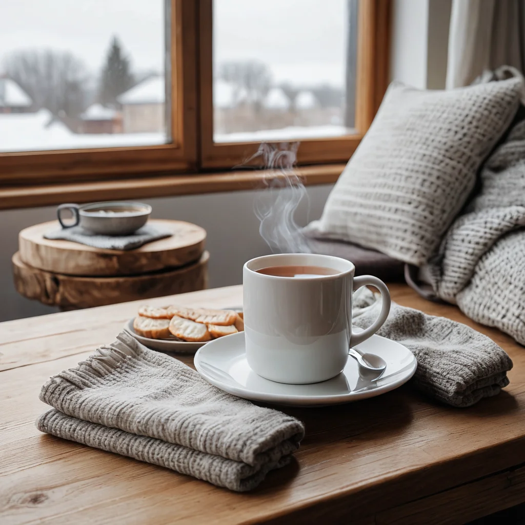 Интерьер в скандинавском стиле с минималистичным декором, мягкими текстурами и натуральными материалами, где на деревянном столе стоит дымящаяся чашка чая, создавая атмосферу уюта.