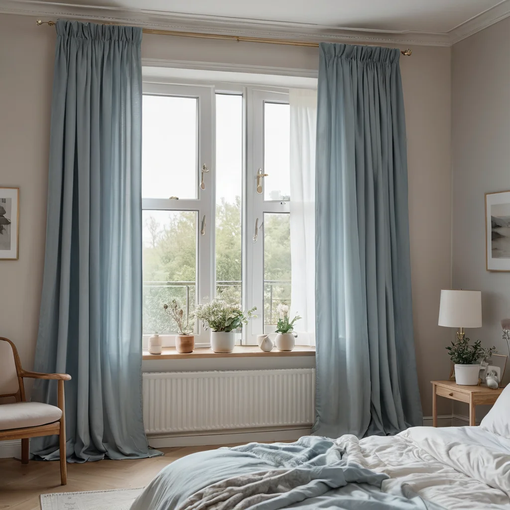 Спокойная спальня, оформленная в нежной пастельной цветовой палитре с голубыми и бежевыми оттенками, с мягким солнечным светом, проникающим сквозь шторы, создавая атмосферу безмятежности.