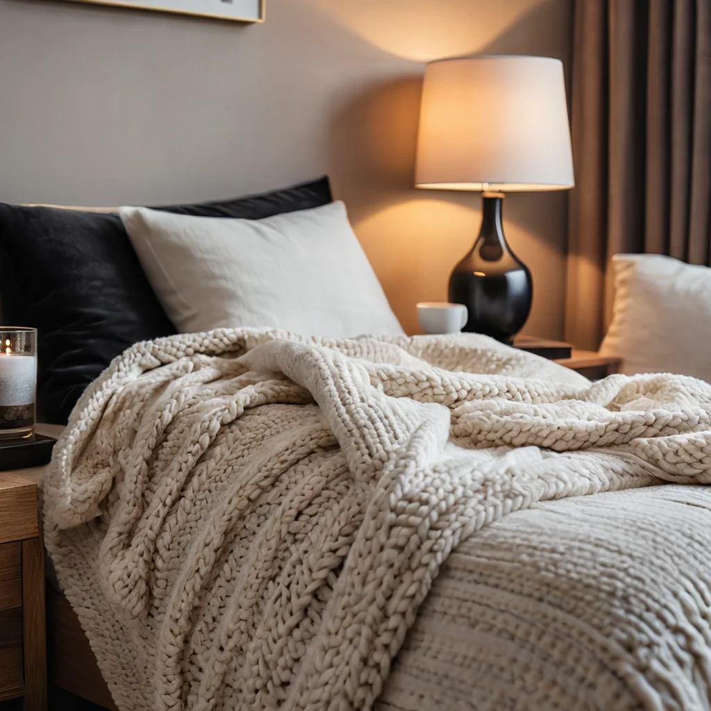 Крупный план текстурных элементов: вязаный плед, бархатная подушка и мягкое свечение настольной лампы, передающие тактильные ощущения и сенсорный комфорт.