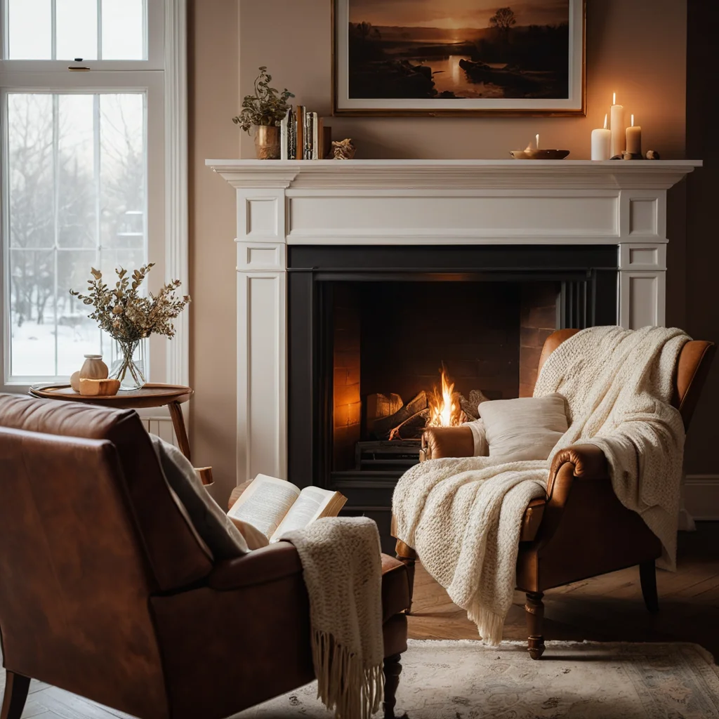 Уютная гостиная с камином, освещенная теплым светом, где человек погружен в чтение книги в удобном кресле, символизируя уединение и спокойствие.