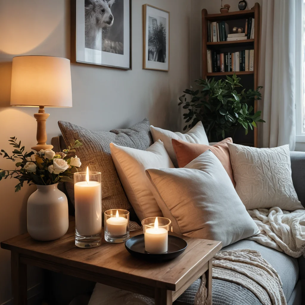 Процесс трансформации пространства: расстановка декоративных подушек, зажжение свечей и приведение в порядок уютного уголка для создания личного святилища.