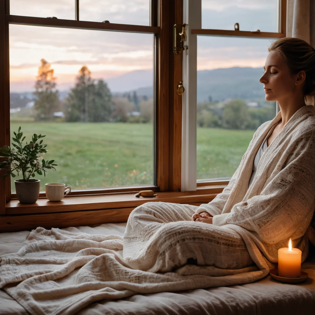 Ритуал заботы о себе: человек медитирует у окна с теплым напитком и мягким пледом, олицетворяя мирный вечерний ритуал и интеграцию самозаботы в повседневную жизнь.