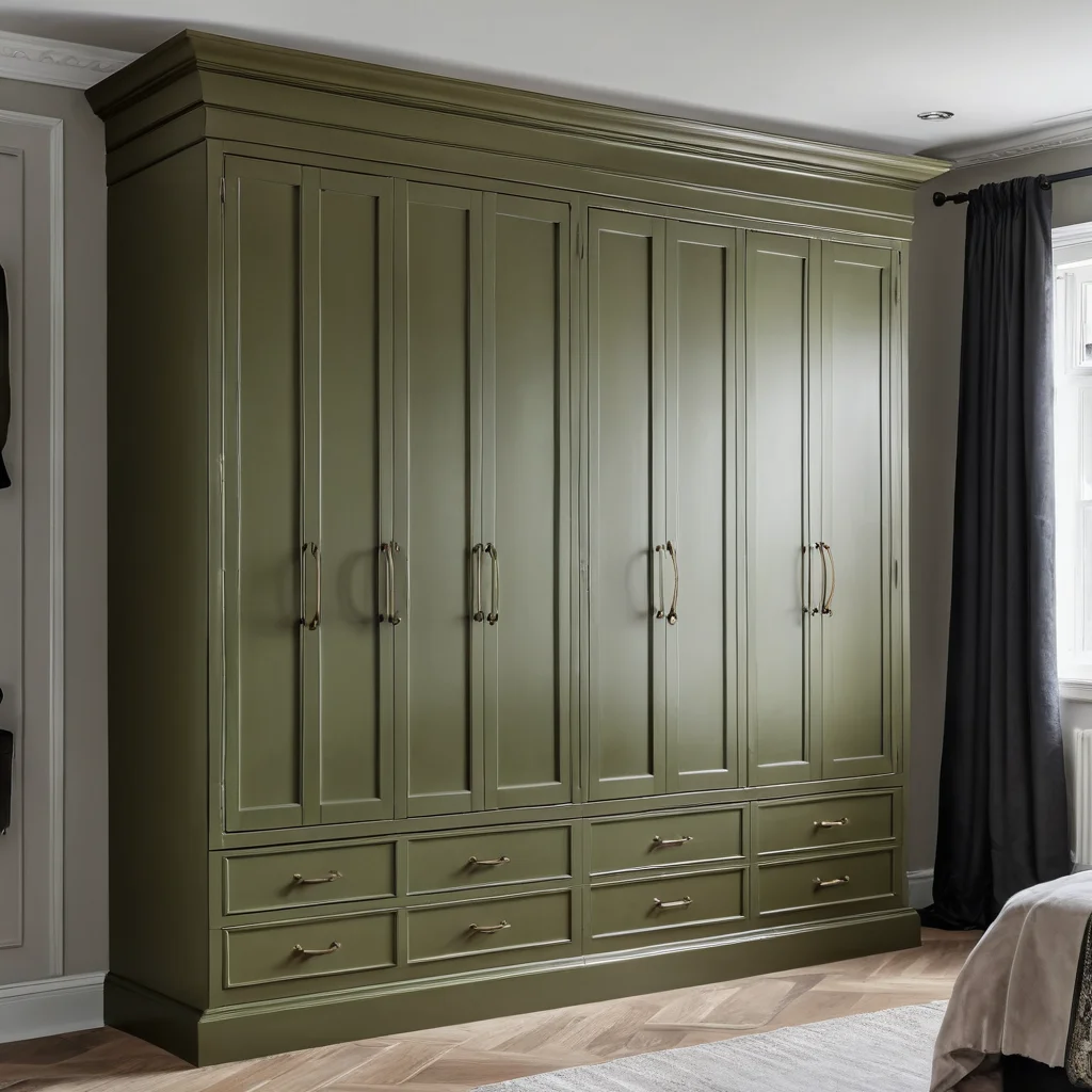Полностью преображенный старый шифоньер, окрашенный в насыщенный оливковый цвет с матовым финишем, идеально вписанный в современный интерьер спальни.