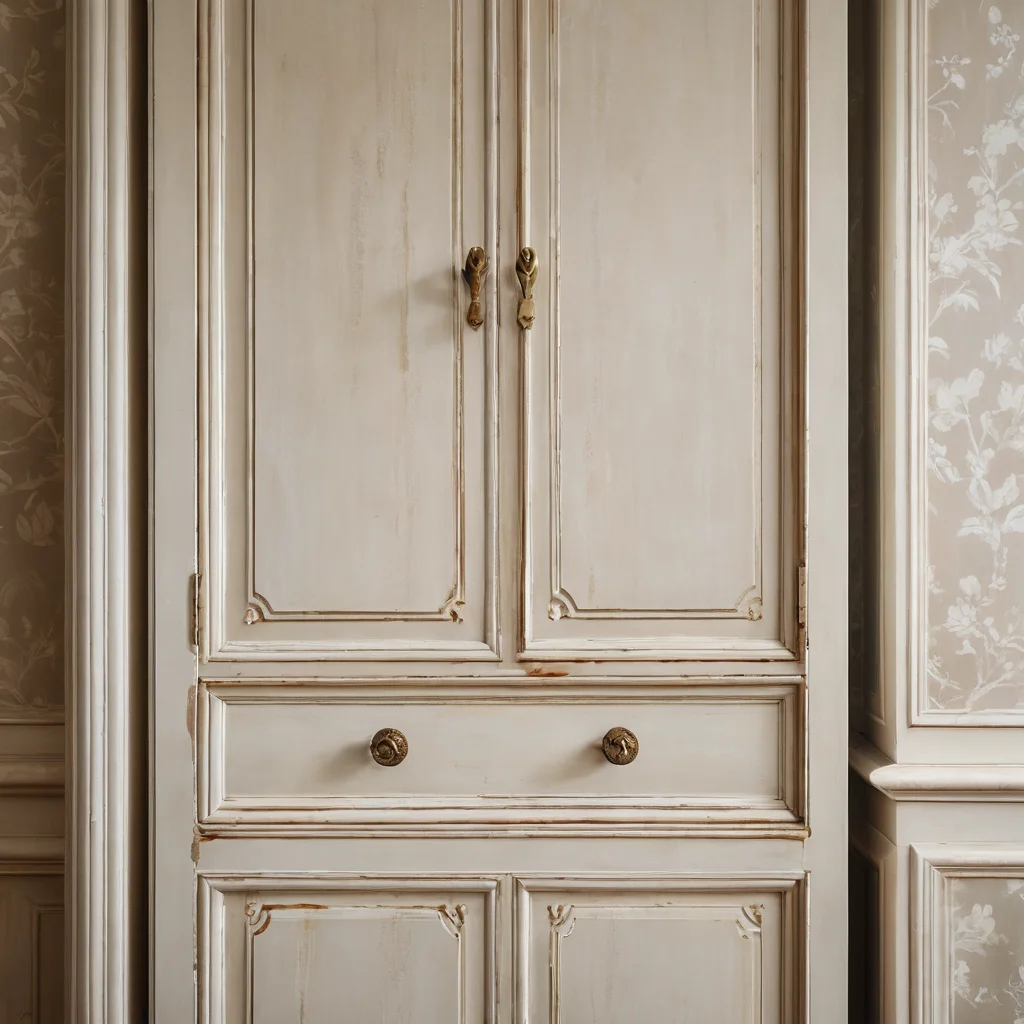 Крупный план дверцы шифоньера с небольшой, но заметной ошибкой в покраске или нанесении трафарета, иллюстрирующей типичные проблемы при декорировании.