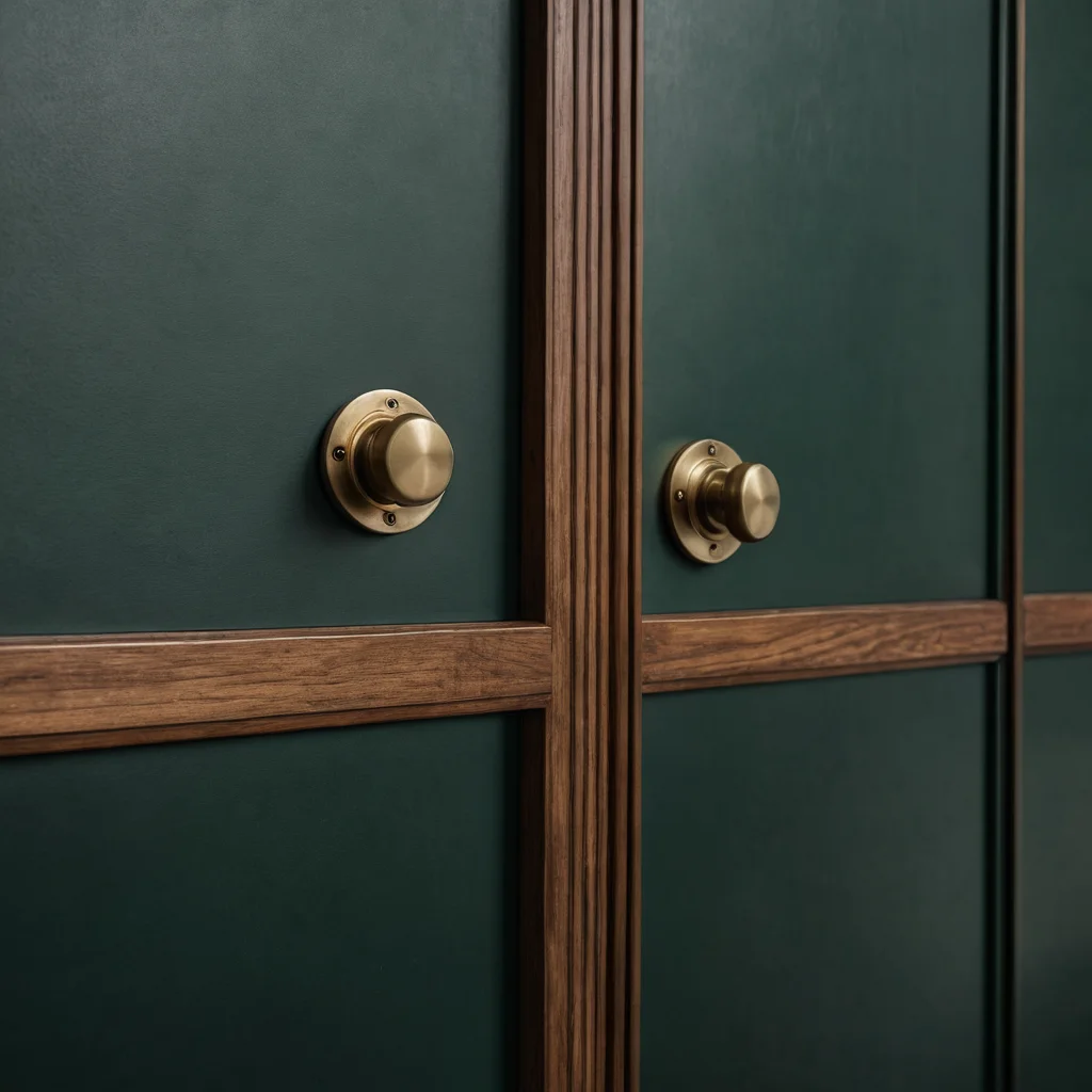 Крупный план новых, стильных ручек и кожаных петель на дверцах темно-зеленого шифоньера, подчеркивающих обновленный дизайн и внимание к деталям.