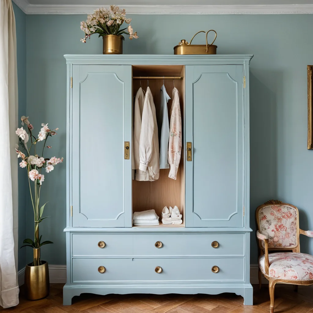 Элегантный старый шифоньер, преображенный своими руками, стоит в уютной гостиной, демонстрируя волшебство реставрации и декора.