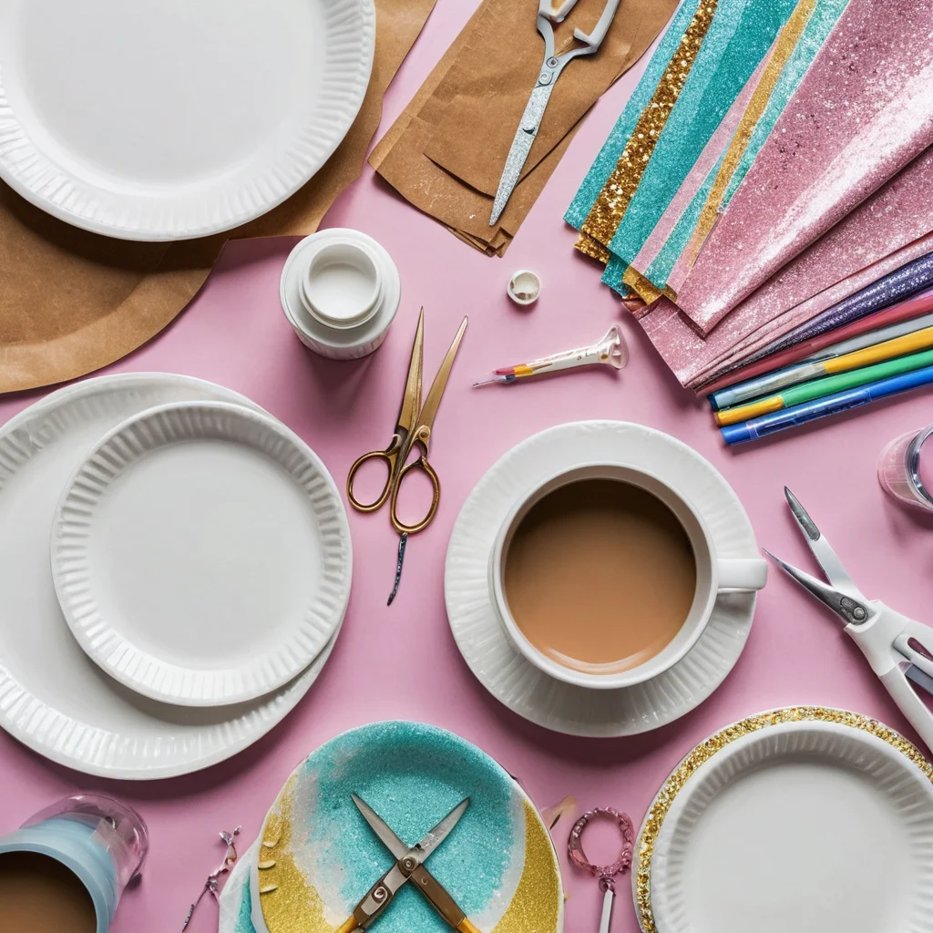 Крупный план рабочего стола с разложенными материалами для DIY-поделок: одноразовые бумажные тарелки, пластиковые стаканчики, ножницы, клей, краски, блестки и другие бюджетные принадлежности, готовые для создания праздничного декора из одноразовой посуды.