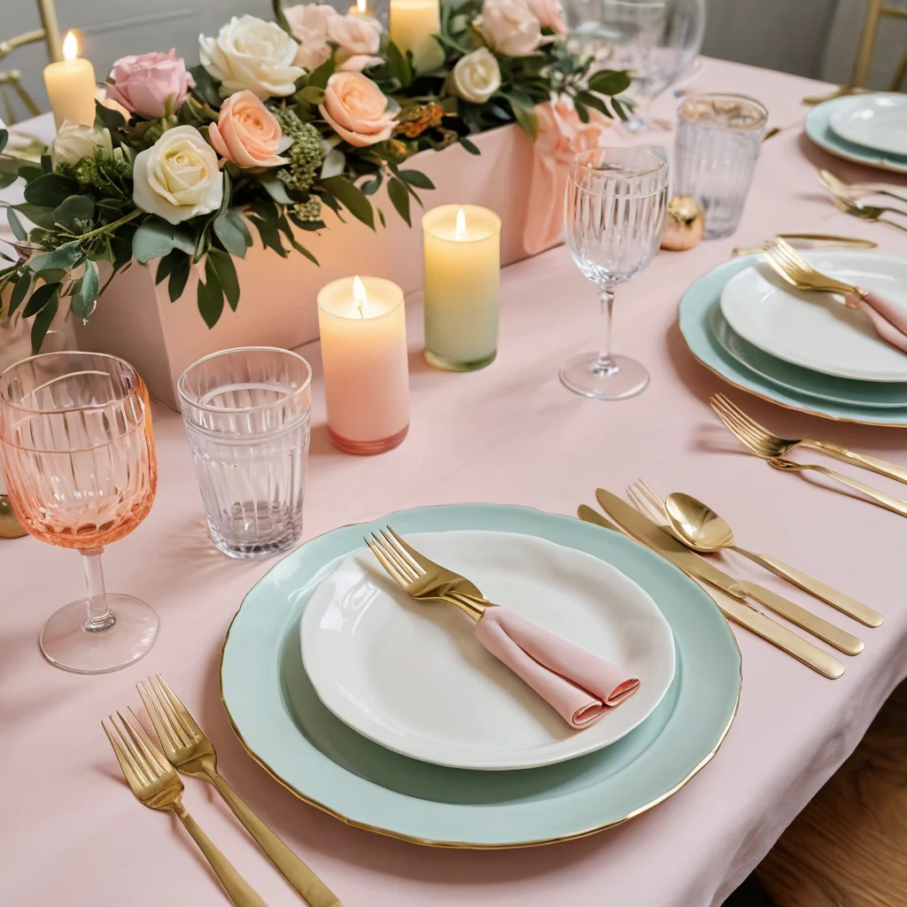 Праздничный стол, украшенный элегантным декором из переработанной одноразовой посуды: тарелки, стаканы и приборы превращены в стильные элементы оформления, демонстрирующие, как бюджетные поделки из одноразовой посуды могут выглядеть дорого и торжественно.