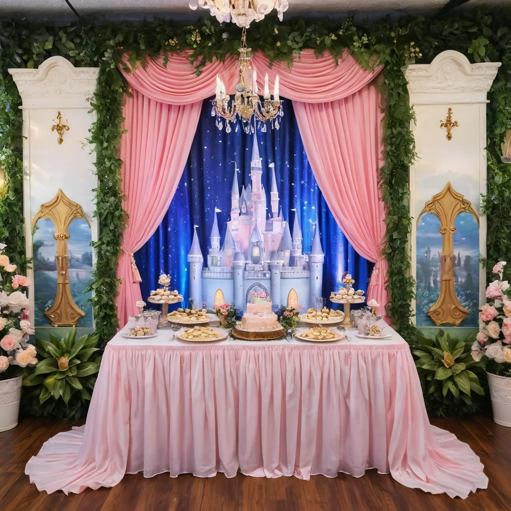 Праздничный стол, оформленный в тематике 'волшебного леса' с использованием декоративных элементов из одноразовой посуды: тарелки-грибочки, стаканы-цветы, гармонично вписанные в общий дизайн детского праздника, демонстрируя адаптацию поделок из одноразовой посуды под любую тематику торжества.