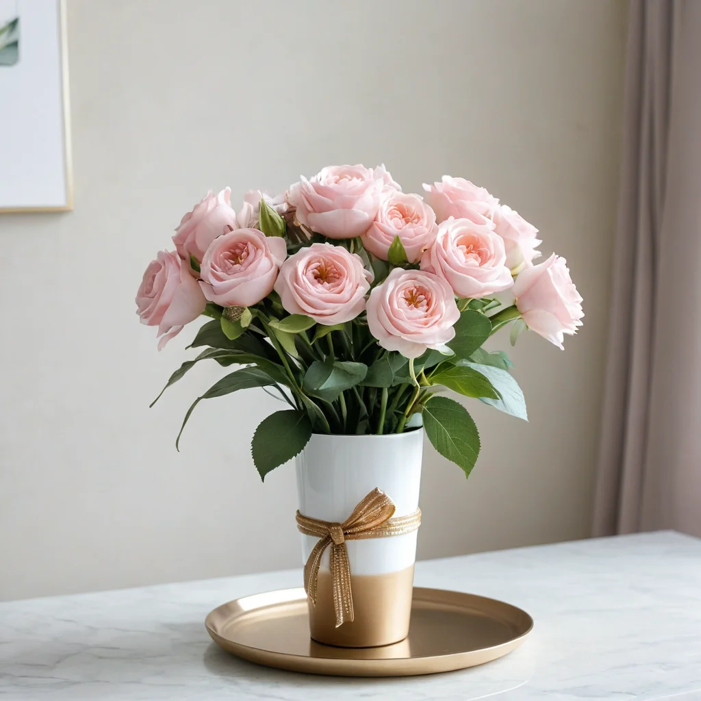 Изысканный элемент декора, сделанный из обычного одноразового стаканчика, покрытого золотистой краской и украшенного атласной лентой, демонстрирующий секреты стильного оформления и способы придать шик бюджетным поделкам из одноразовой посуды, избегая вида 'дешевки'.