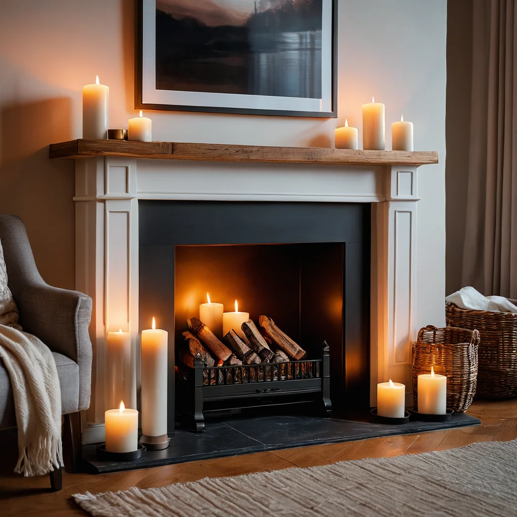 Изображение, демонстрирующее правила безопасности при использовании свечей в фальш-камине: устойчивые подсвечники, негорючая основа, безопасное расстояние от текстиля.