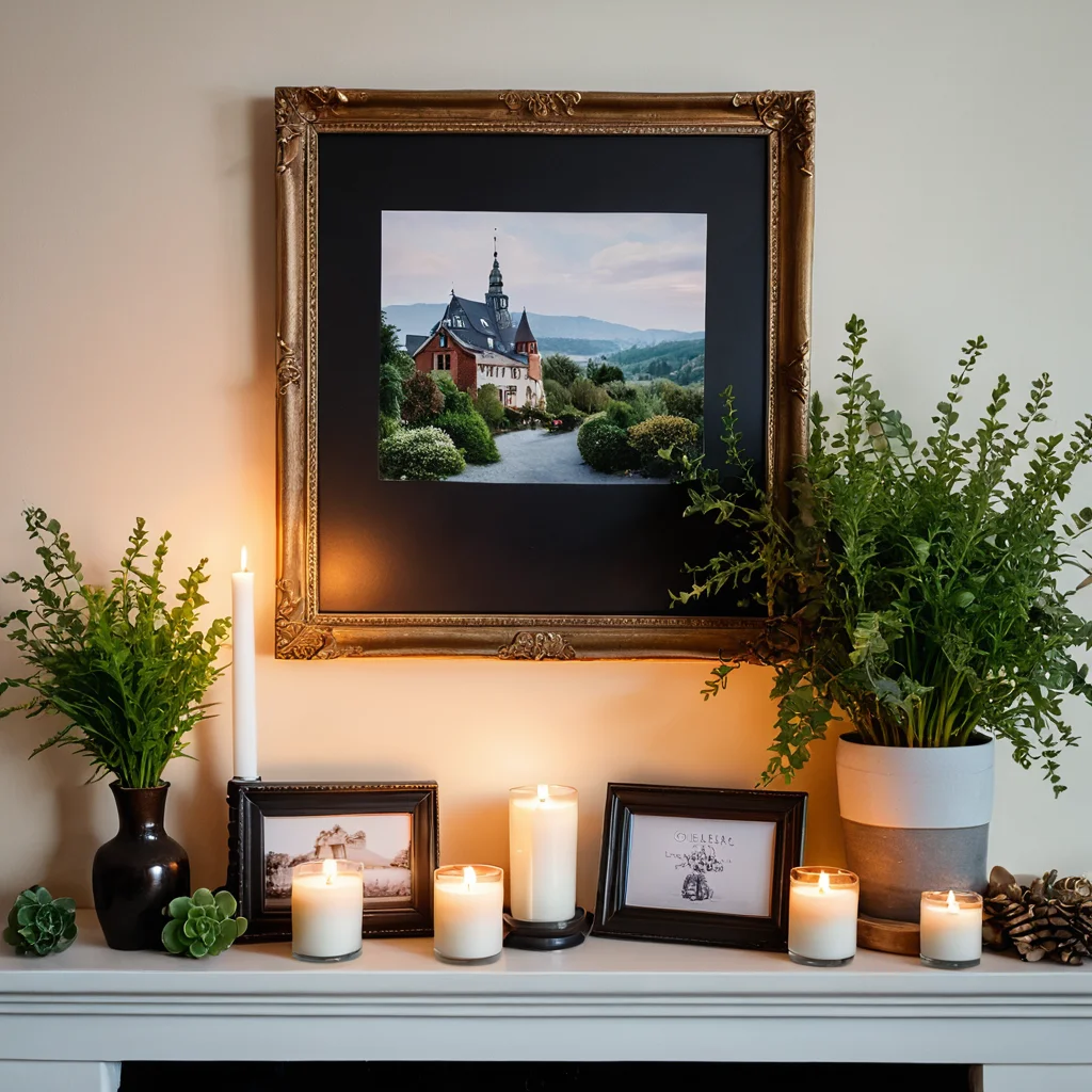 Эстетично декорированная полка фальш-камина с композицией из свечей, фоторамок, небольших растений и декоративных предметов в эклектичном стиле.