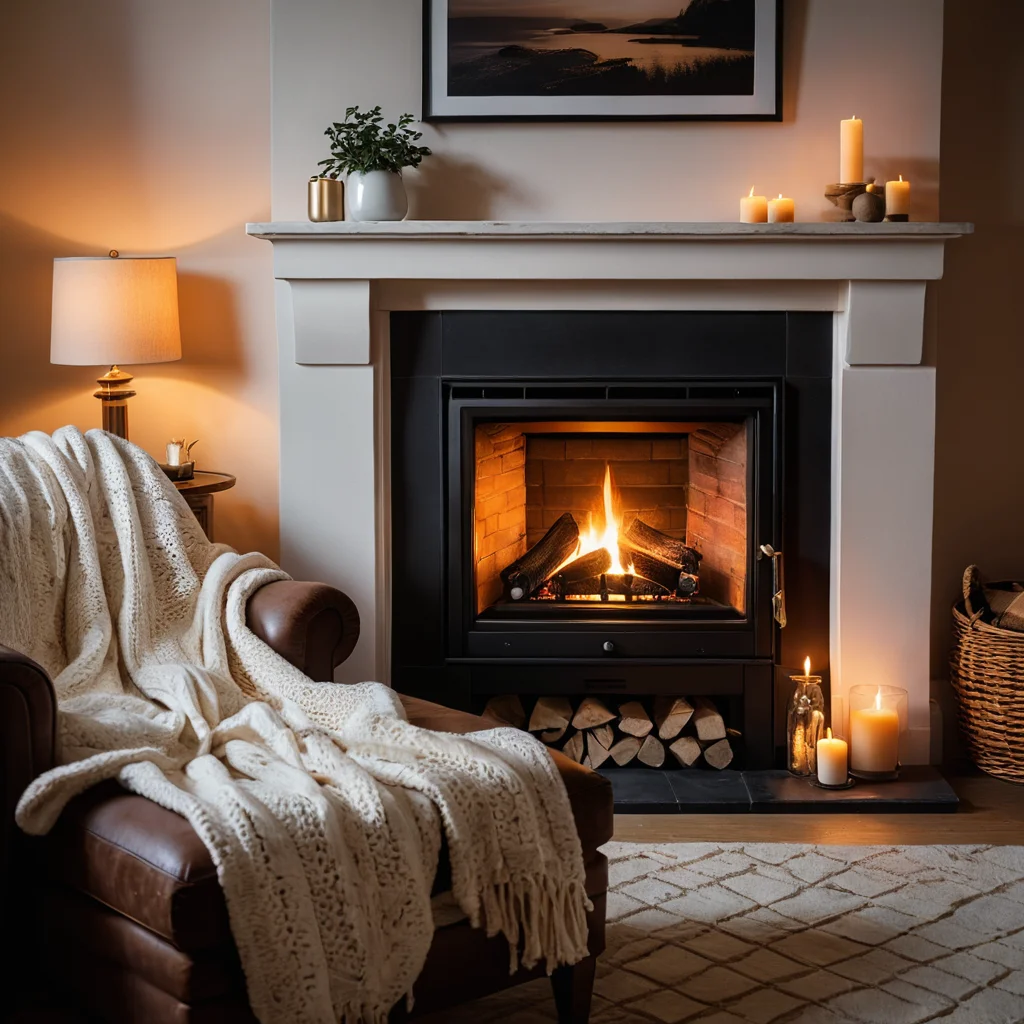 Уютная гостиная с горящими углями в камине, теплым светом свечей и мягкими пледами, создающая атмосферу домашнего очага и безмятежности.