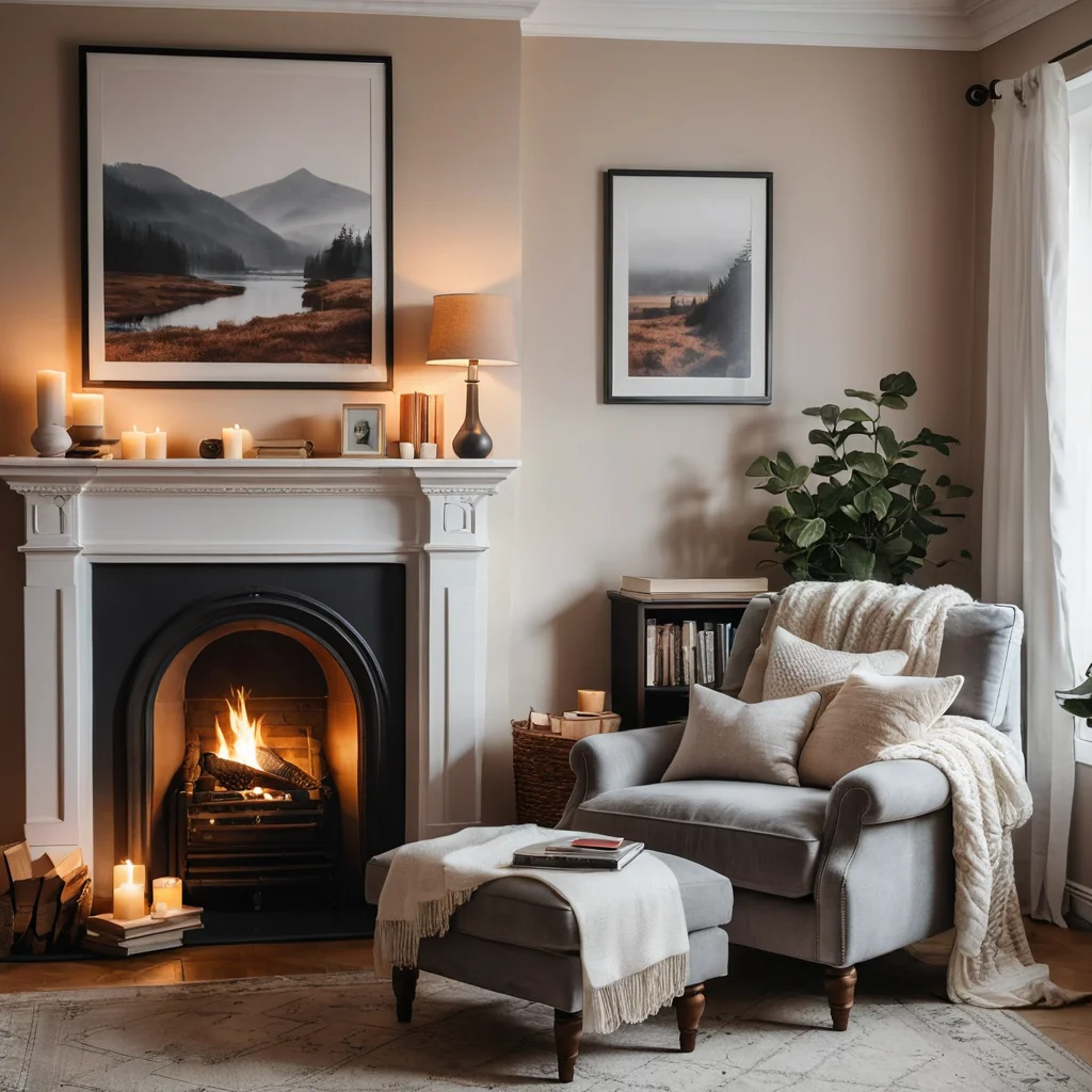 Фальш-камин, интегрированный в интерьер гостиной как уютный уголок для чтения с креслом, книгами и теплым освещением, становящийся точкой силы и личным святилищем.