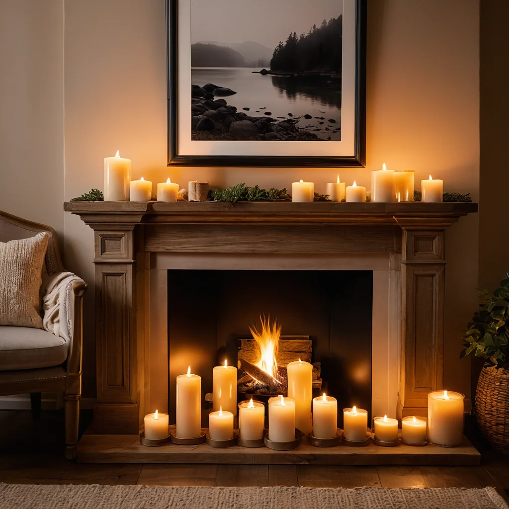Крупный план различных свечей (столбчатые, конические, в подсвечниках) с мерцающим пламенем на полке фальш-камина, создающих теплую и интимную атмосферу.