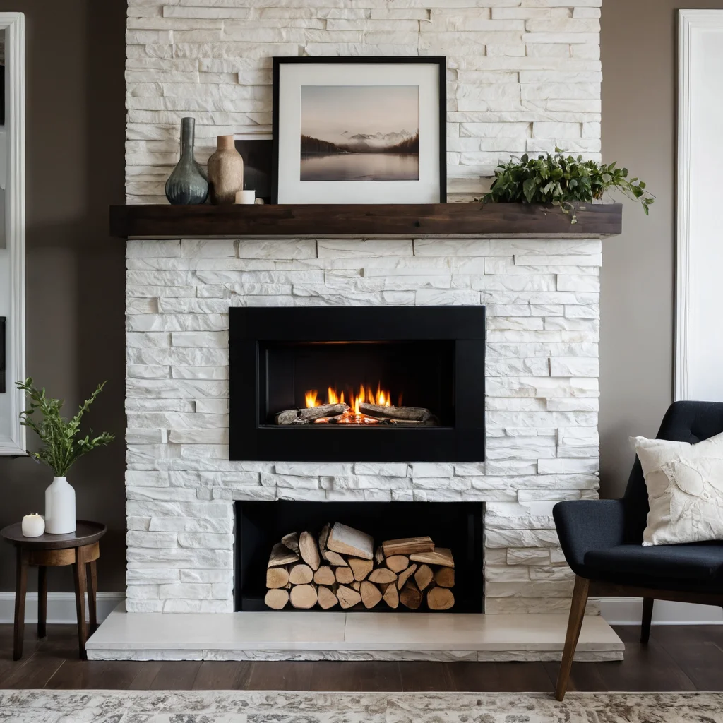 Коллаж из различных материалов для портала фальш-камина: облицовка из камня, современный белый портал, отделка из темного дерева, демонстрирующий стили и фактуры.