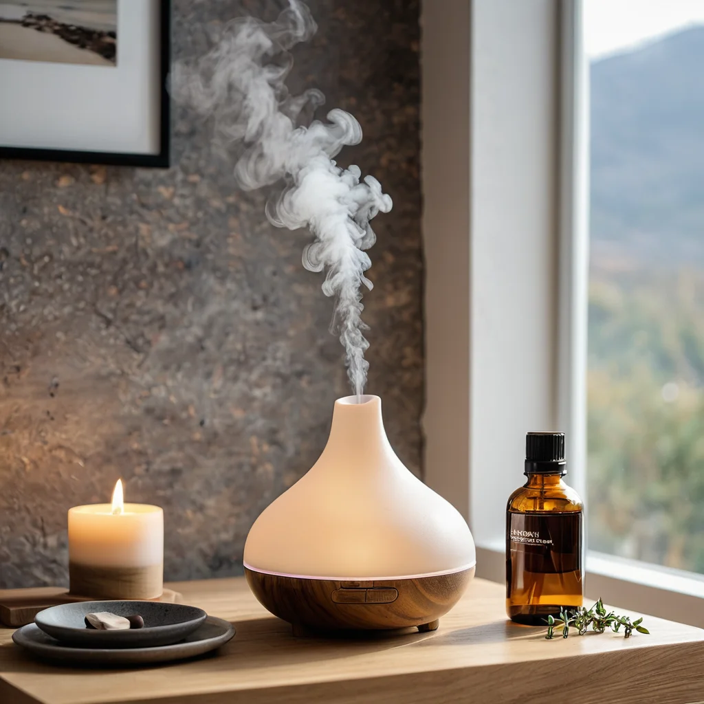 Минималистичная ванная комната с диффузором эфирных масел, источающим ароматный пар, с использованием натурального дерева и камня, создавая атмосферу спокойствия и трансформируя пространство с помощью природных запахов.