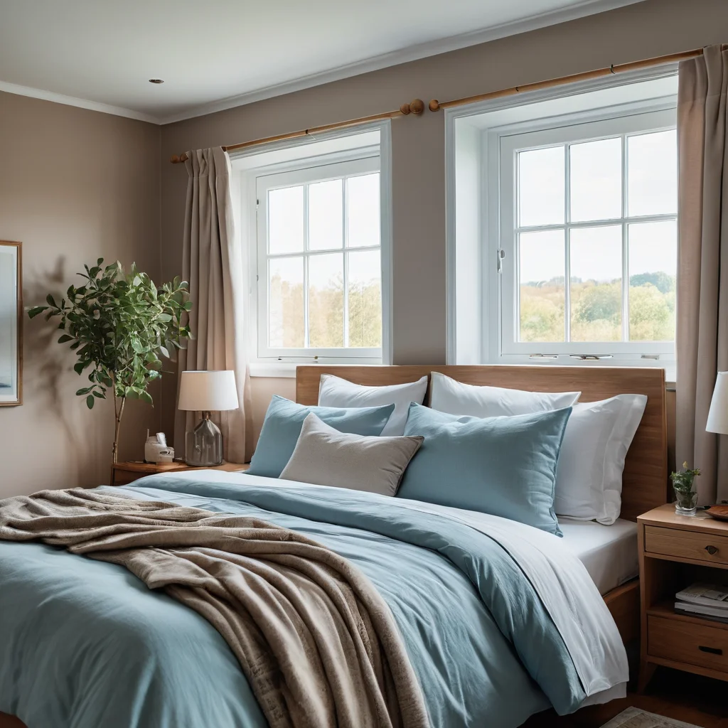 Спальня, оформленная в гармоничной природной палитре: приглушенные земляные оттенки стен, акценты небесно-голубого цвета и текстиль, напоминающий о воде, создают спокойную атмосферу.