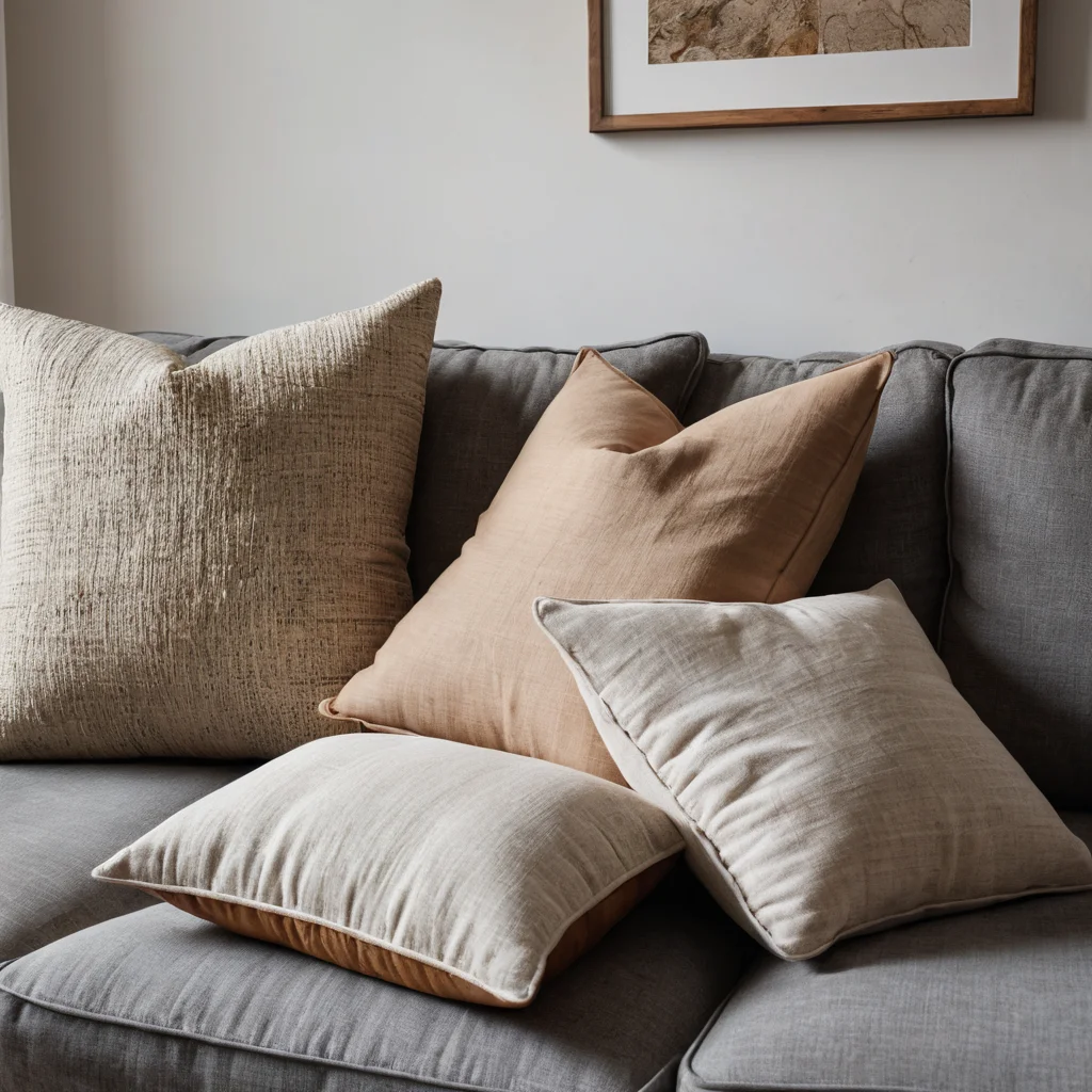 Фрагмент интерьера гостиной, демонстрирующий тактильную привлекательность натуральных материалов: выразительную текстуру дерева, грубоватый камень и мягкие льняные подушки, подчеркивая их важность для самочувствия.