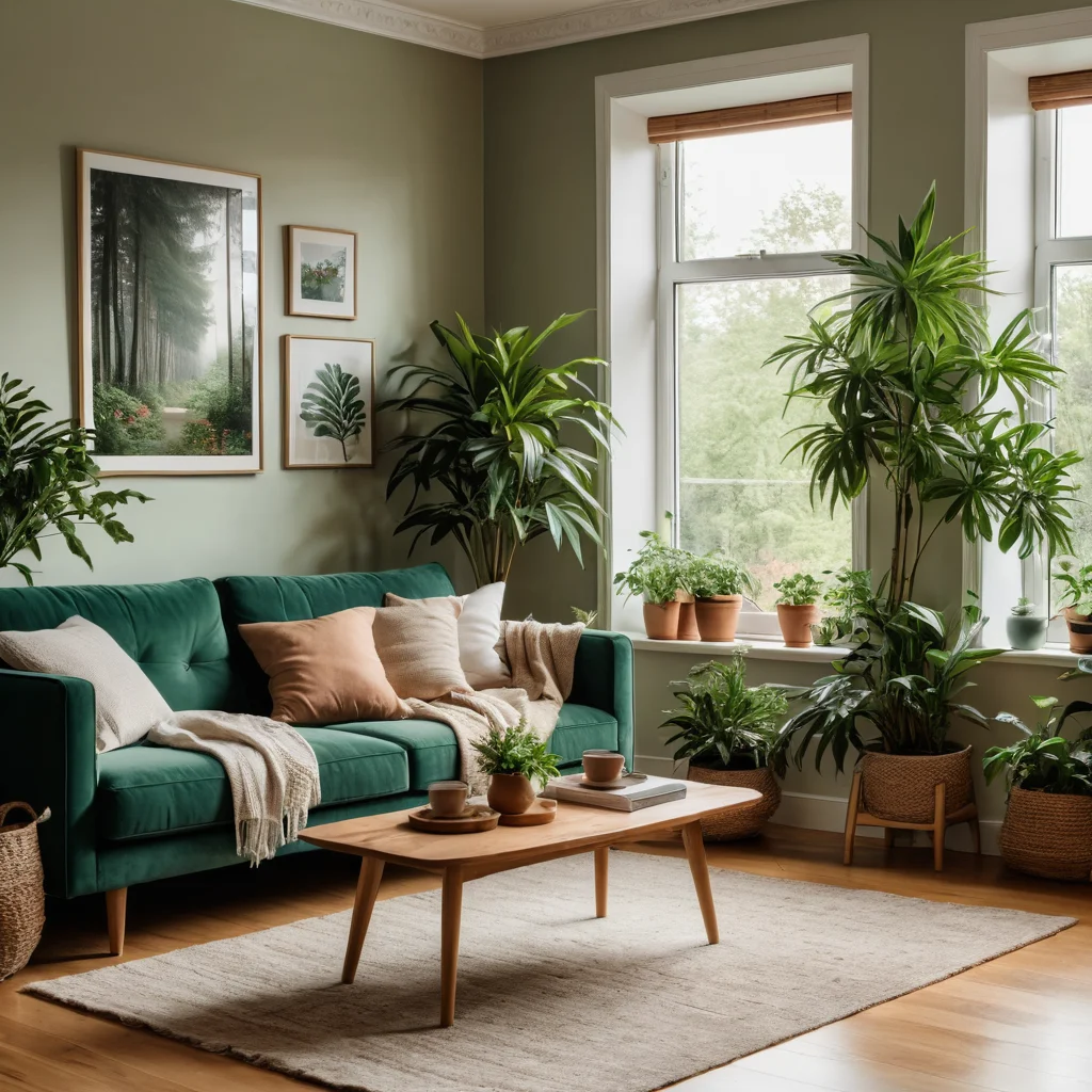 Уютная гостиная, наполненная естественным светом и обилием зелени, демонстрирующая принципы биофильного дизайна, где человек находит умиротворение, отражая важность интеграции природы в дом.