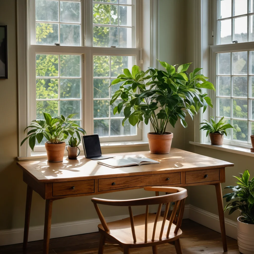 Домашний офис, где солнечные лучи, пробиваясь сквозь листву, создают игру света и тени на деревянном столе, способствуя продуктивности и визуальному комфорту, отражая природные ритмы.