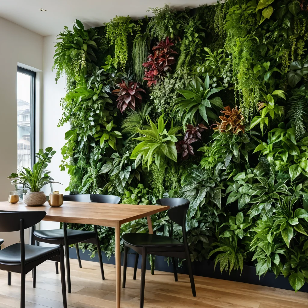 Вертикальная зеленая стена, украшенная пышной, каскадно спадающей растительностью в современном интерьере, демонстрирует живое воплощение природы в доме и уход за растениями.