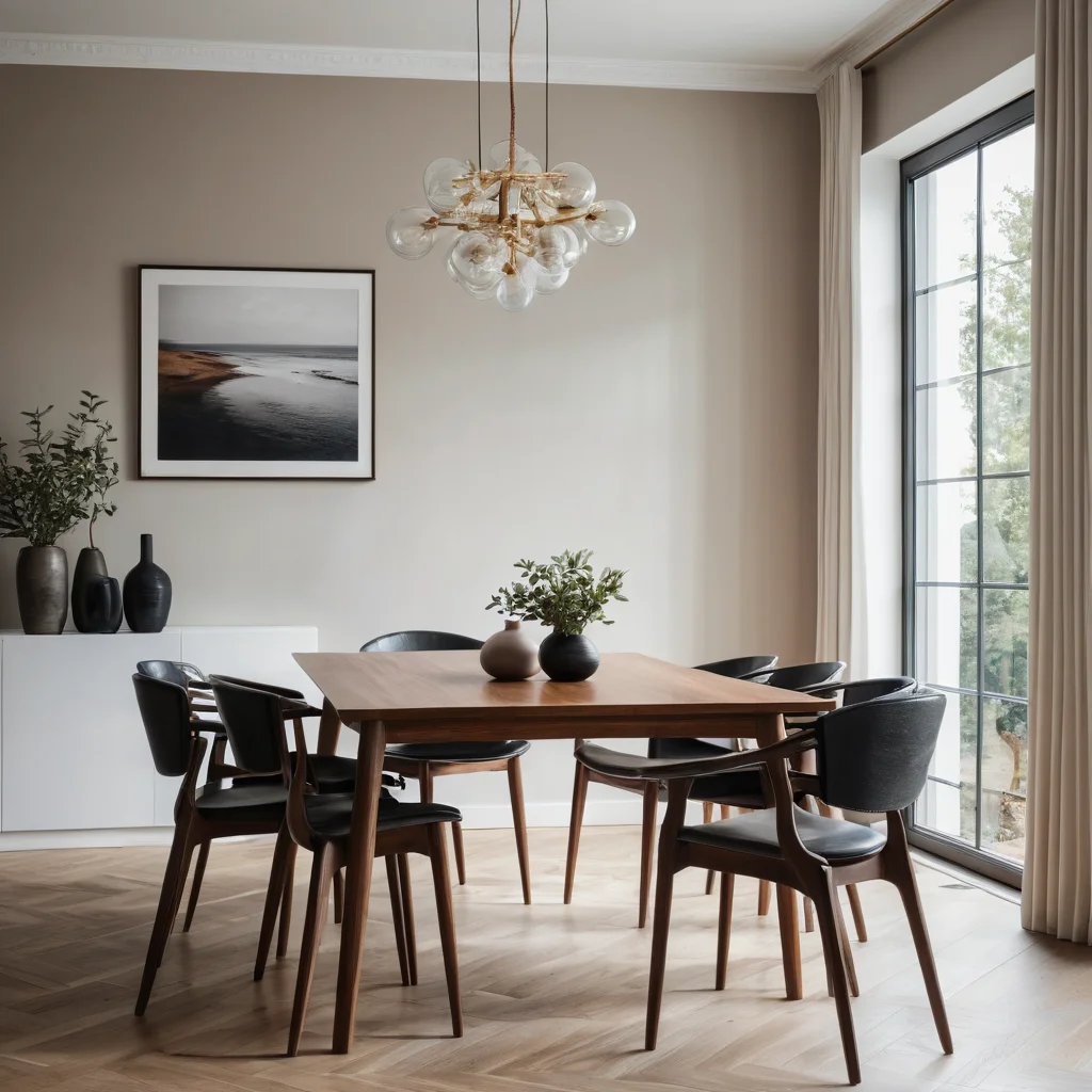 Обеденный зал с большим пустым столом, украшенным одиночным центральным элементом, демонстрирующий баланс формы и пустоты в современной композиции.