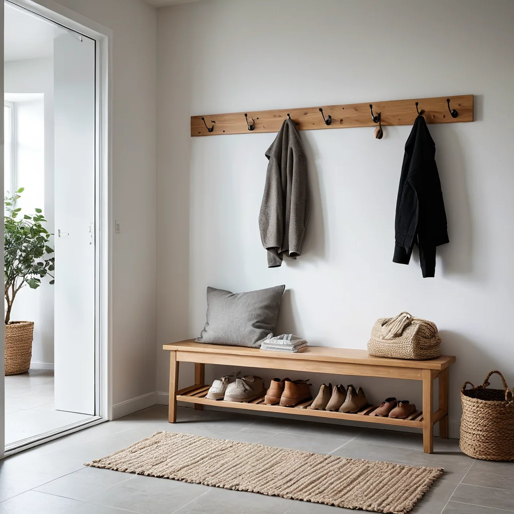 Минималистичный прихожая с пустым местом для сидения, настенными крючками и свободным пространством на полу, демонстрирующая функциональное зонирование и организованность.