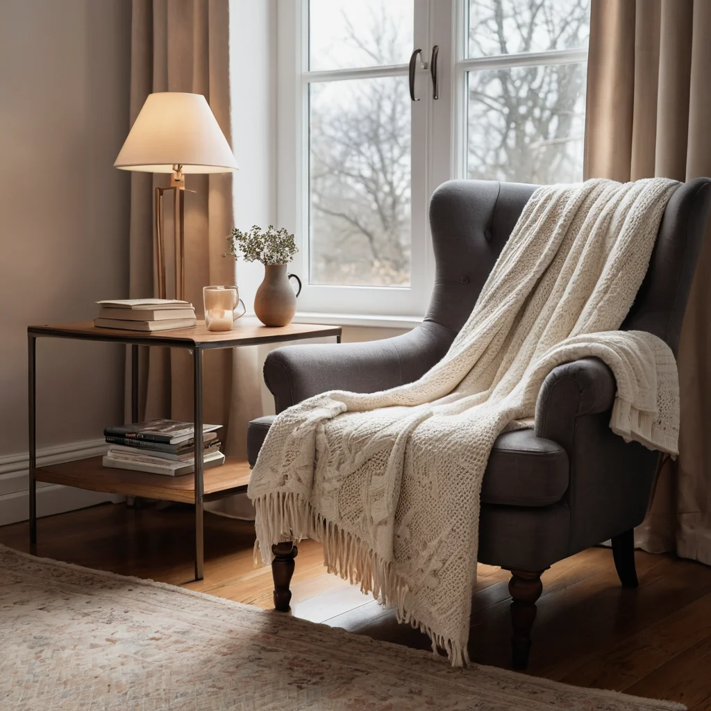 Уютное кресло для чтения с пледом и столиком, освещенное теплым светом, создающее личное пространство, которое не выглядит холодным, а сохраняет ощущение свободы.
